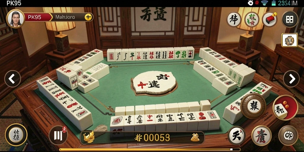 Screenshot gameplay PK95 menampilkan suasana permainan Mahjong yang seru.