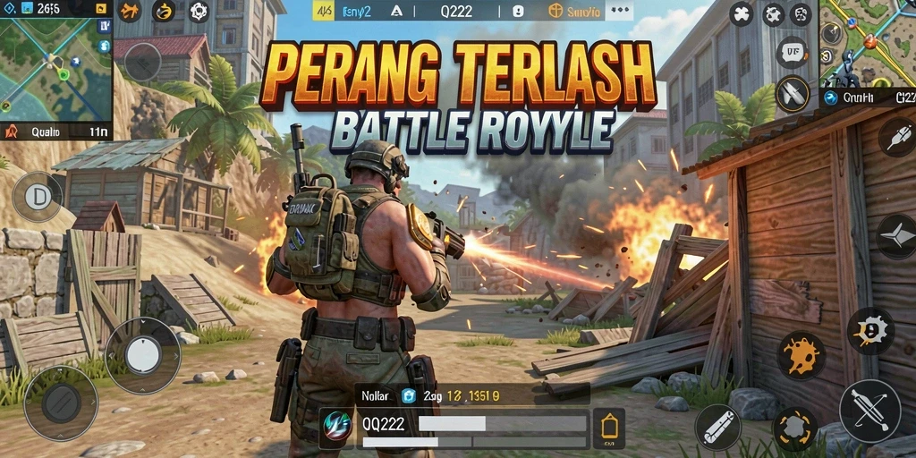 Tangkapan layar utama QQ222 menampilkan aksi intens Battle Royale.
