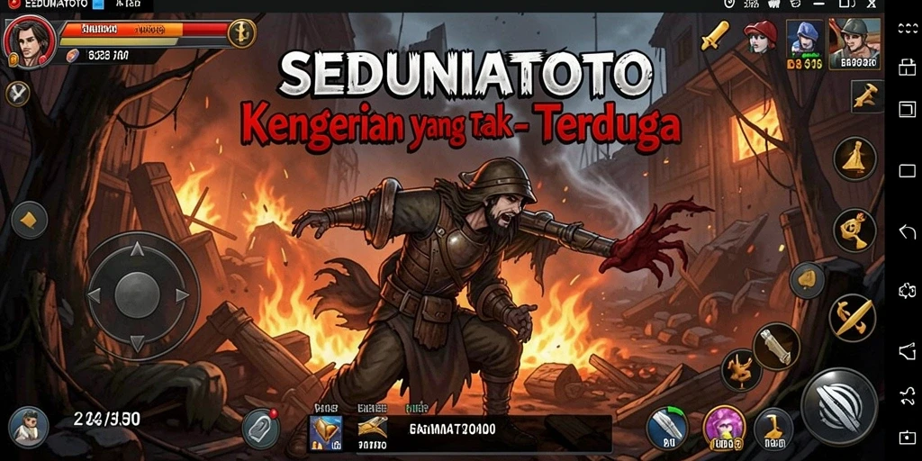 Tampilan gameplay SEDUNIATOTO yang menegangkan dengan makhluk menyeramkan.