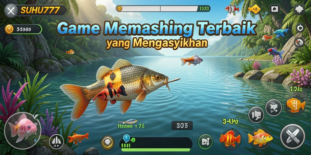 Screenshot menunjukkan pemain sedang memancing dengan latar belakang indah.