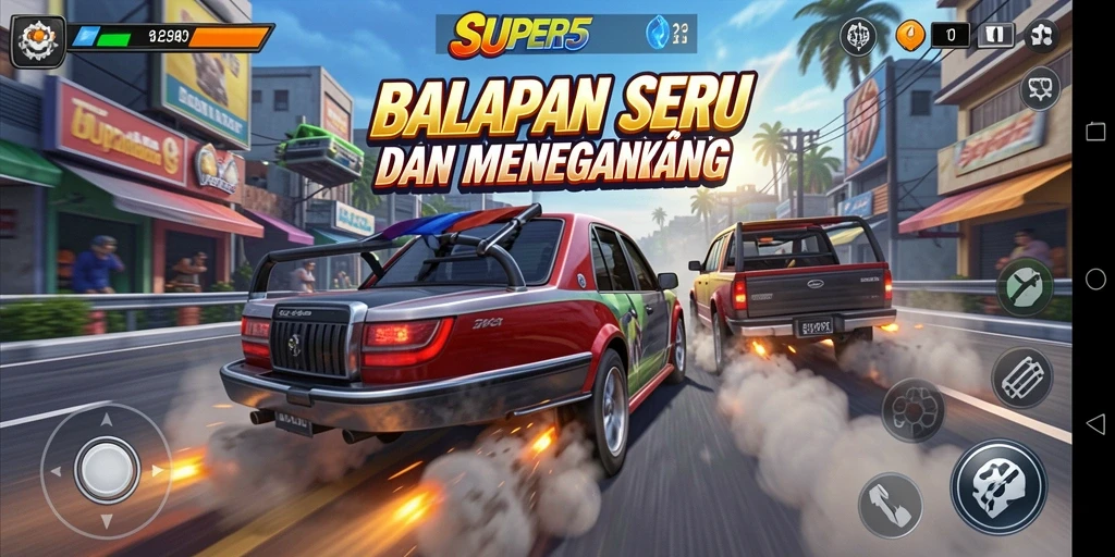Screenshot gameplay SUPER5 yang menampilkan aksi balapan yang seru.